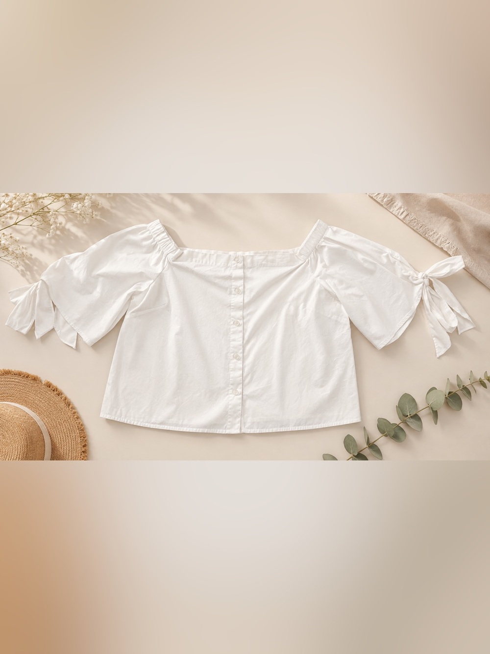 Forever 21 White Off-Shoulder Button Front Tie-Sleeve Top
